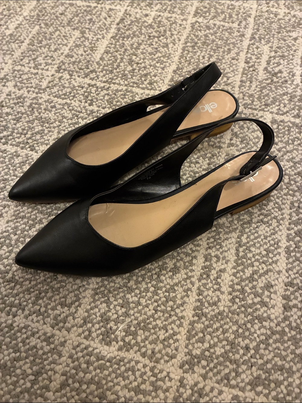 ellos Black Pointed Slingback Flats with Tan Insole and Low Heel